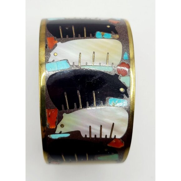 Vintage Andrew Show Handcrafted Brass Cuff Bracelet With Bear Design Rare Unique